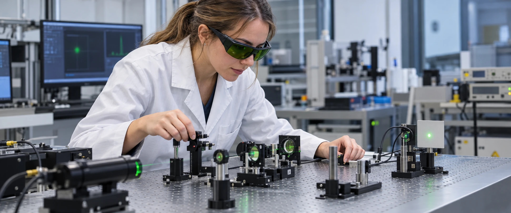 Cena ilustrativa de pesquisadora com óculos de proteção ajustando um experimento em mesa óptica