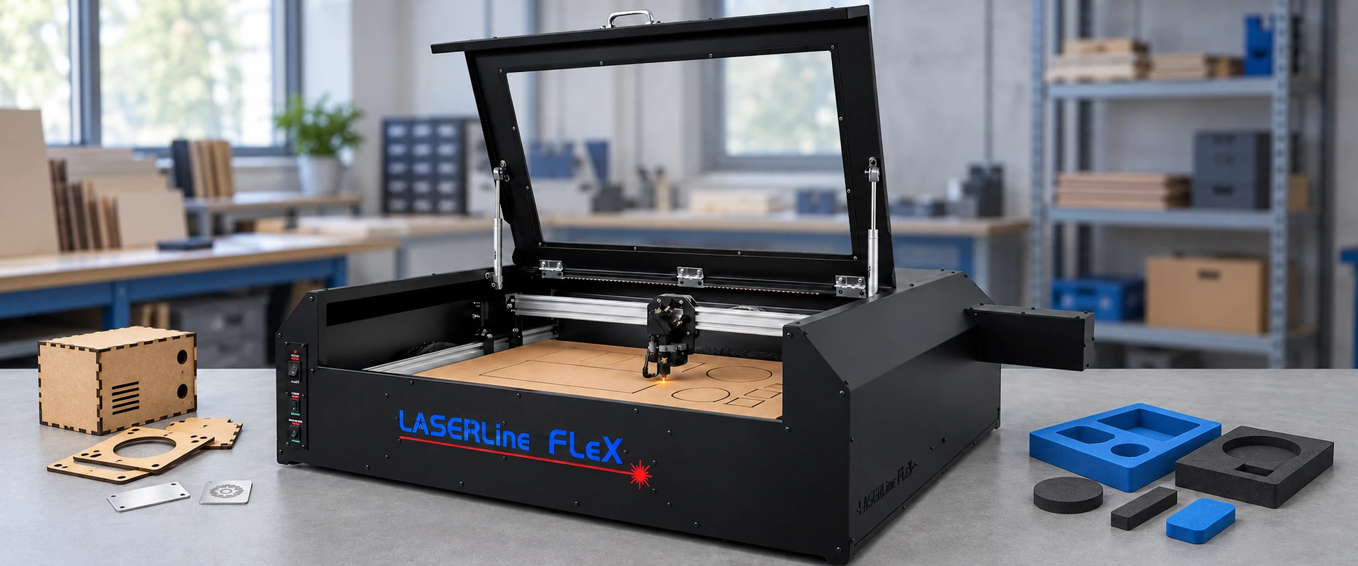 Cena ilustrativa da LASERLine FleX cortando MDF